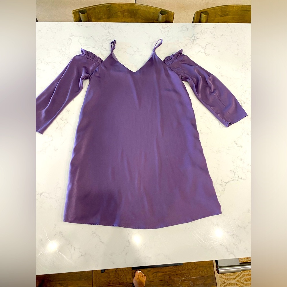 Everly Satin Off the Shoulder Spaghetti Strap Dress in Lilac - Size Small